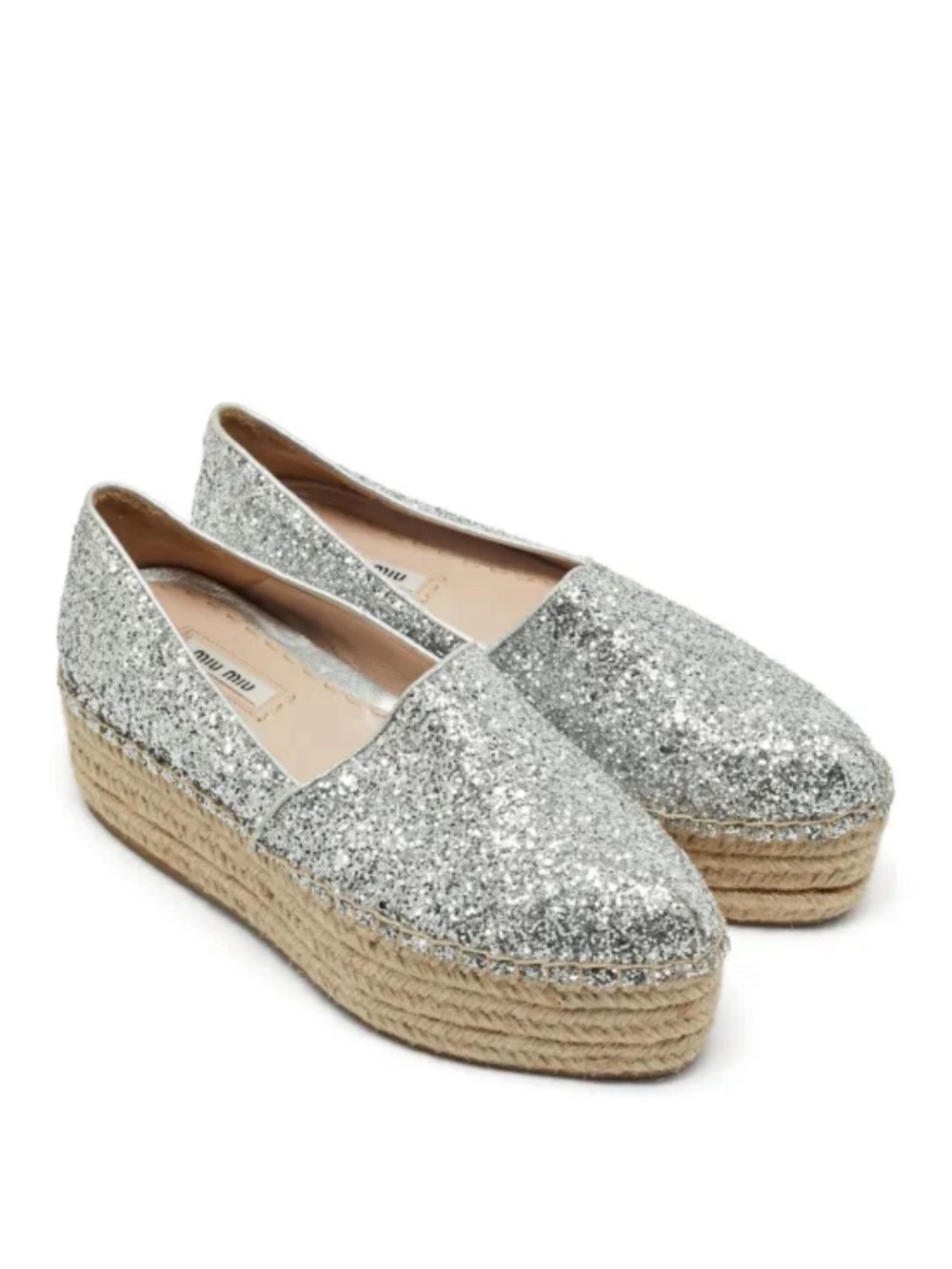 Miu Miu Silver Glitter Espadrille Platform Slip-Ons Size 40